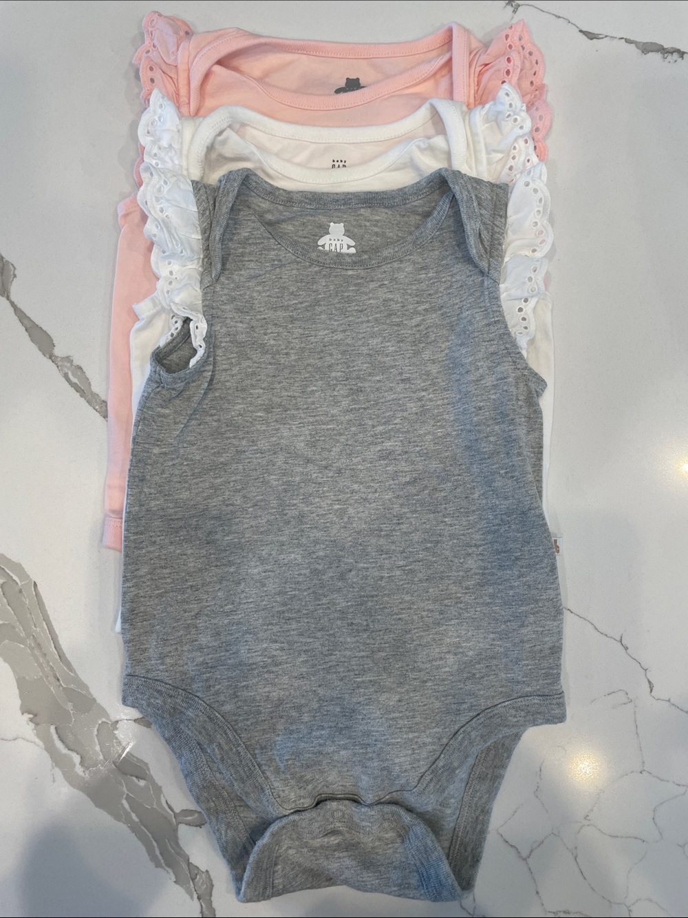GAP Sleeveless Ruffled Eyelet Bodysuit Set - Gray, White, Light Pink (3-Pack)
